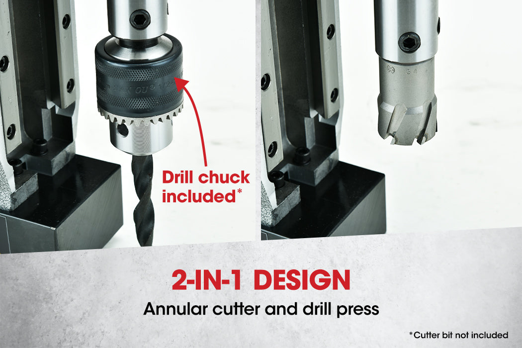 A heavy-duty industrial tool, the Baumr-AG Annular Cutter Magnetic Core Hole Drill Press Machine Metal Drilling features a silver and red motor, black handle grips, and a control panel with on/off switches. Mounted on a black base, it has wires extending from the top and side to connect components—ideal for steel fabrication tasks.