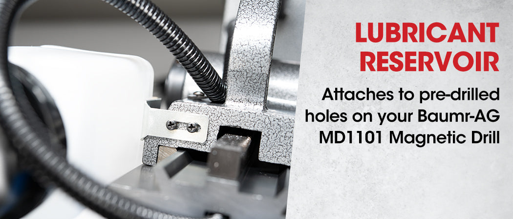 A white plastic container with a black cap is connected to a cylindrical metal tool component with a protruding handle, likely part of a machine tool setup like the Tradie's Mate BAUMR-AG Annular Hole Cutter Converter Kit Morse Taper, placed on a white surface.