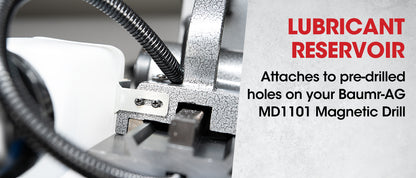 A white plastic container with a black cap is connected to a cylindrical metal tool component with a protruding handle, likely part of a machine tool setup like the Tradie's Mate BAUMR-AG Annular Hole Cutter Converter Kit Morse Taper, placed on a white surface.