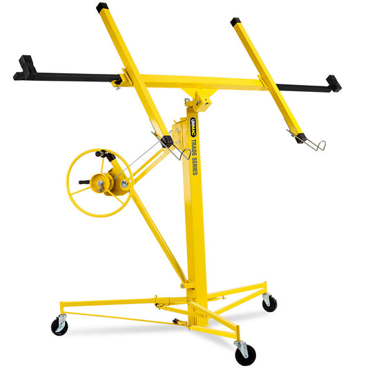 This image shows a yellow UNIMAC 11ft Sheet Panel Lifter Drywall Panel Gyprock Plasterboard Hoist Lift with adjustable arms and a manual wheel for raising and lowering drywall sheets. The portable design features three wheels for mobility and stabilizing outriggers to keep it steady during ceiling and wall construction.