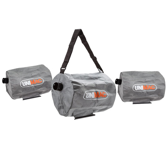 Image of three gray UNIMAC 3x Drywall Sander Replacement Bags Wall Plaster Board Vacuum Cleaner. One bag is in the center with an adjustable black strap, and two smaller bags are on either side. All bags display the UNIMAC logo prominently and are ideal as replacement bags for your drywall sander or other equipment.