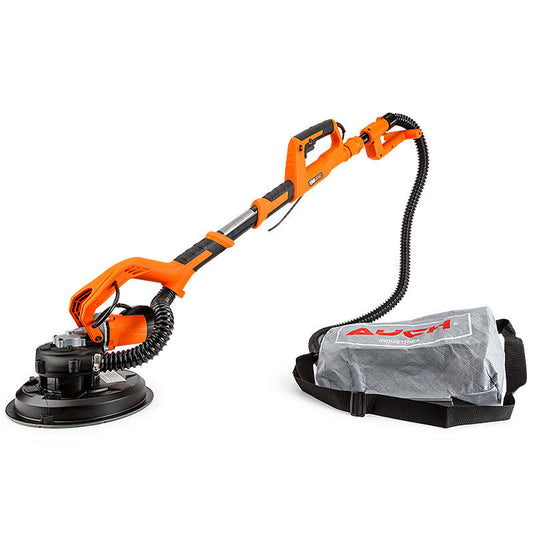 Image of the UNIMAC 1800W Drywall Sander Plaster Wall Gyprock Automatic Vacuum System, an orange and black electric sander with a telescopic handle and a dust collection bag. The sander features an adjustable head attached to a flexible hose that connects to the collection bag. Its 1800W motor and automatic vacuum functionality minimize dust while sanding.