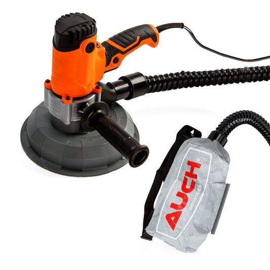 A handheld UNIMAC Drywall Sander Automatic Vacuum System Gyprock Wall Plaster 1800W with an attached dust extraction hose and automatic vacuum functionality. The predominantly orange and black sander features a gray dust bag with a red "AUCH" logo and a side handle for better control. A 6-speed system ensures optimal maneuverability.