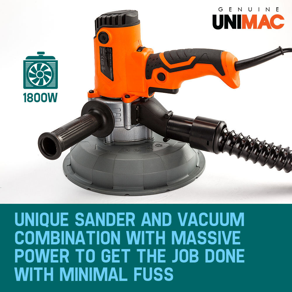 A handheld UNIMAC Drywall Sander Automatic Vacuum System Gyprock Wall Plaster 1800W with an attached dust extraction hose and automatic vacuum functionality. The predominantly orange and black sander features a gray dust bag with a red "AUCH" logo and a side handle for better control. A 6-speed system ensures optimal maneuverability.