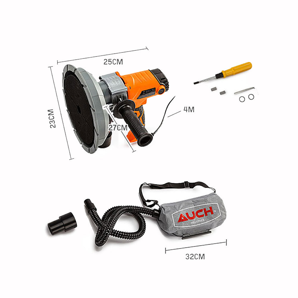 A handheld UNIMAC Drywall Sander Automatic Vacuum System Gyprock Wall Plaster 1800W with an attached dust extraction hose and automatic vacuum functionality. The predominantly orange and black sander features a gray dust bag with a red "AUCH" logo and a side handle for better control. A 6-speed system ensures optimal maneuverability.