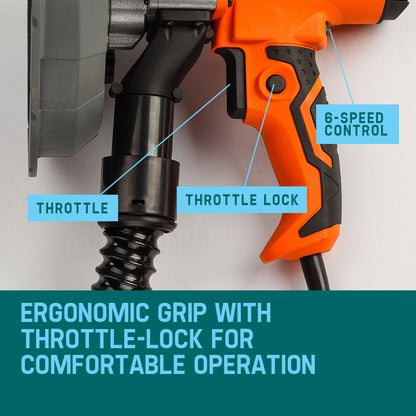 A handheld UNIMAC Drywall Sander Automatic Vacuum System Gyprock Wall Plaster 1800W with an attached dust extraction hose and automatic vacuum functionality. The predominantly orange and black sander features a gray dust bag with a red "AUCH" logo and a side handle for better control. A 6-speed system ensures optimal maneuverability.