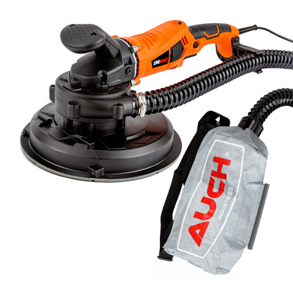 An orange and black electric drywall sander with a round sanding head and an attached hose leading to a gray dust collection bag labeled "AUCH INDUSTRIES." Equipped with an ergonomic handle, control switch, and vacuum functionality, this UNIMAC 1800W Drywall Sander Plaster Automatic Wall Gyprock Vacuum System ensures efficient dust-free sanding.