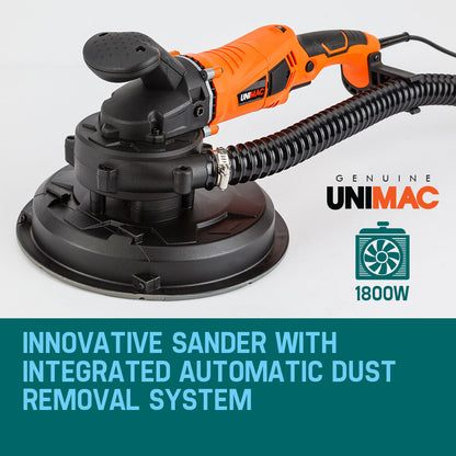 An orange and black electric drywall sander with a round sanding head and an attached hose leading to a gray dust collection bag labeled "AUCH INDUSTRIES." Equipped with an ergonomic handle, control switch, and vacuum functionality, this UNIMAC 1800W Drywall Sander Plaster Automatic Wall Gyprock Vacuum System ensures efficient dust-free sanding.