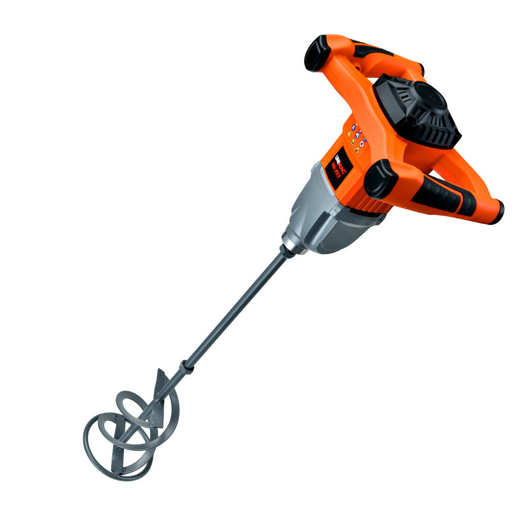 An orange and black handheld UNIMAC Mixer Stirrer Drywall Mortar Plaster Cement Render Paint Tile Handheld with dual ergonomic handles. It features a long metallic mixing rod with a spiral attachment at the end, designed for mixing cement, paint, or similar materials. Powered by an 1800W copper motor, the mixer is shown against a white background.