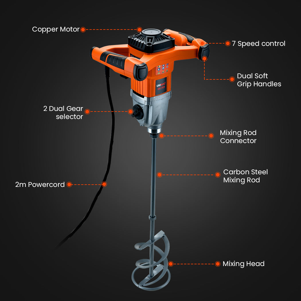 An orange and black handheld UNIMAC Mixer Stirrer Drywall Mortar Plaster Cement Render Paint Tile Handheld with dual ergonomic handles. It features a long metallic mixing rod with a spiral attachment at the end, designed for mixing cement, paint, or similar materials. Powered by an 1800W copper motor, the mixer is shown against a white background.