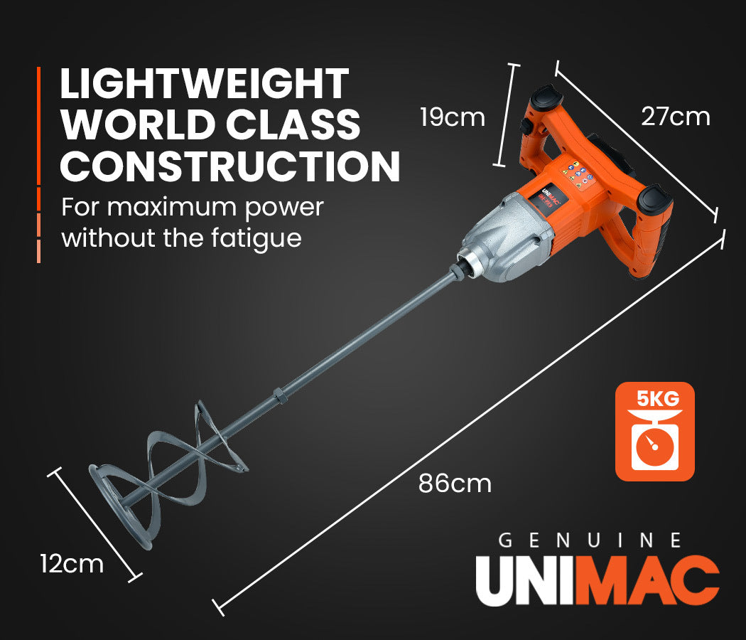 An orange and black handheld UNIMAC Mixer Stirrer Drywall Mortar Plaster Cement Render Paint Tile Handheld with dual ergonomic handles. It features a long metallic mixing rod with a spiral attachment at the end, designed for mixing cement, paint, or similar materials. Powered by an 1800W copper motor, the mixer is shown against a white background.