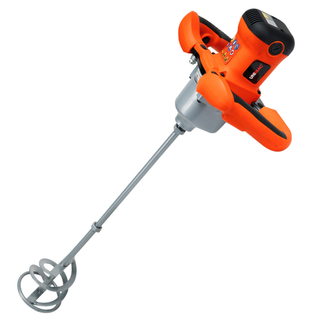 Image of a UNIMAC Power Paddle Stirrer Mixer, for Plaster Cement Render Paint Tile Adhesive, with a bright orange body and black accents, featuring a dual-handle design for better grip and control. The mixer has an 1800W motor, variable speed dial, and metallic mixing rod with a spiral blade at the end, designed for efficient blending of paint and other materials.