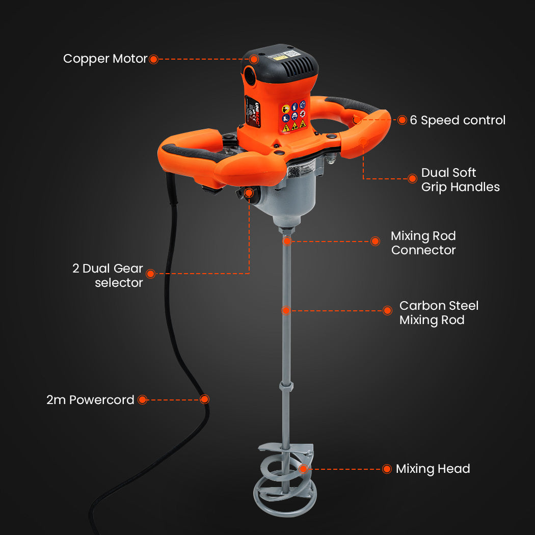 Image of a UNIMAC Power Paddle Stirrer Mixer, for Plaster Cement Render Paint Tile Adhesive, with a bright orange body and black accents, featuring a dual-handle design for better grip and control. The mixer has an 1800W motor, variable speed dial, and metallic mixing rod with a spiral blade at the end, designed for efficient blending of paint and other materials.