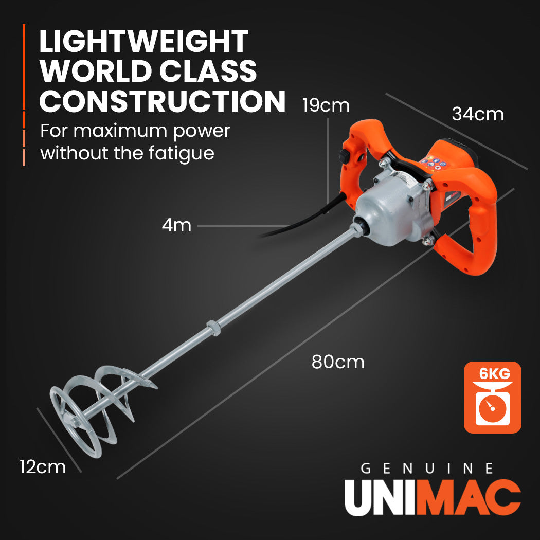 Image of a UNIMAC Power Paddle Stirrer Mixer, for Plaster Cement Render Paint Tile Adhesive, with a bright orange body and black accents, featuring a dual-handle design for better grip and control. The mixer has an 1800W motor, variable speed dial, and metallic mixing rod with a spiral blade at the end, designed for efficient blending of paint and other materials.