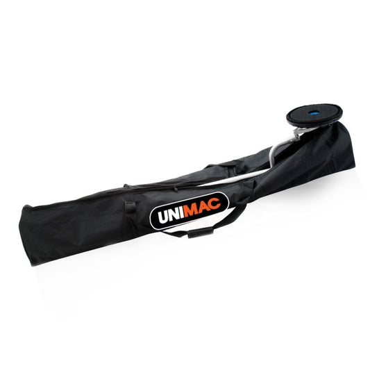 A black carrying bag with the logo "UNIMAC" in white and orange. The bag is partially open, revealing a cylindrical device with a flat, round base. This UNIMAC Drywall Sander Bag 153cm Gyprock Sanding Plaster Board Sander ensures construction tool protection while keeping your equipment organized and safe.