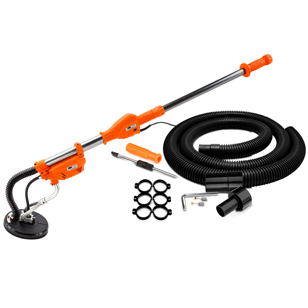 An orange and black UNIMAC Drywall Sander Plaster Wall Board Dust Free Drywall Disc Gyprock 800W with an extendable handle is shown. The kit includes a flexible hose, various attachment clips, a wrench, and a screwdriver. This commercial drywall sander features a circular sanding head with an attached power cord.