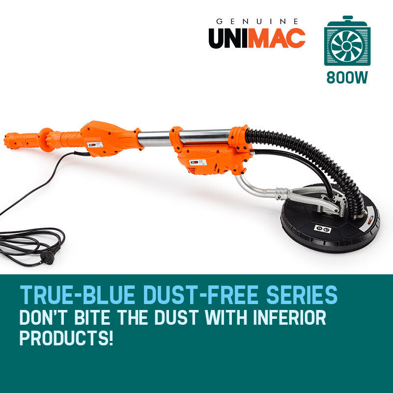 An orange and black UNIMAC Drywall Sander Plaster Wall Board Dust Free Drywall Disc Gyprock 800W with an extendable handle is shown. The kit includes a flexible hose, various attachment clips, a wrench, and a screwdriver. This commercial drywall sander features a circular sanding head with an attached power cord.