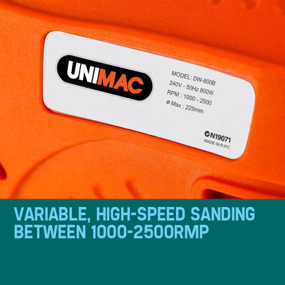 An orange and black UNIMAC Drywall Sander Plaster Wall Board Dust Free Drywall Disc Gyprock 800W with an extendable handle is shown. The kit includes a flexible hose, various attachment clips, a wrench, and a screwdriver. This commercial drywall sander features a circular sanding head with an attached power cord.