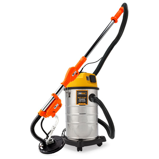 A UNIMAC Drywall Sander 30L Vacuum Cleaner Dust Free Plasterboard Gyprock Discs with a large cylindrical metal body, flexible black hose, and attached long handle. The vacuum features bright orange and yellow accents, an 800W motor, and a circular sander attachment at the end of the hose—ideal for commercial drywall sanding tasks.