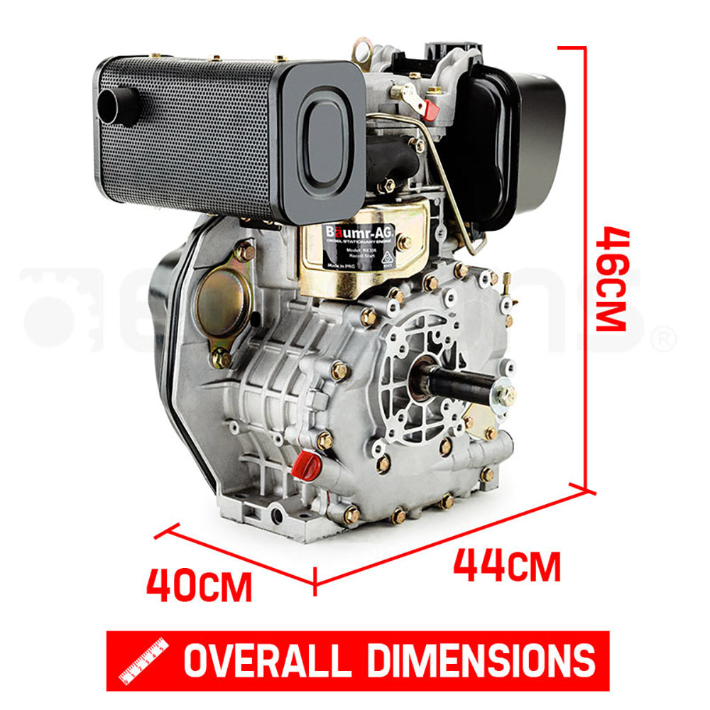 A black Tradie's Mate Baumr-AG 7HP DIESEL Stationary Engine 4 Stroke OHV Horizontal Shaft Motor is centered against a white background. The engine, emblematic of Baumr-AG engines, has a label with model-specific details and components like a fuel tank, air filter, and engine casing visibly featured. It boasts a high power to displacement ratio.