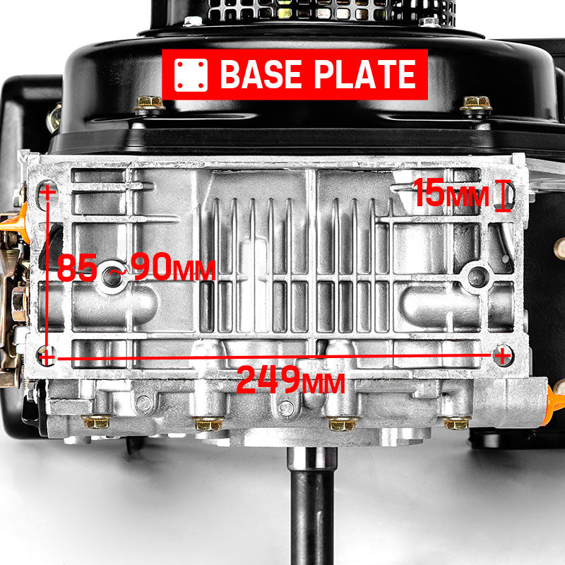 A black Tradie's Mate Baumr-AG 7HP DIESEL Stationary Engine 4 Stroke OHV Horizontal Shaft Motor is centered against a white background. The engine, emblematic of Baumr-AG engines, has a label with model-specific details and components like a fuel tank, air filter, and engine casing visibly featured. It boasts a high power to displacement ratio.