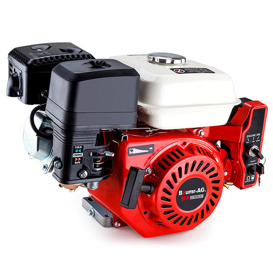 A red and black gasoline engine designed for various machinery, featuring a pull start mechanism, air filter, fuel tank, and power switches. The stationary engine has a prominent air vent and a label that reads "Baumr-AG 6.5HP Petrol Engine Stationary Motor OHV Horizontal Shaft Electric Start Recoil" on one side. Ideal for agricultural equipment needs.