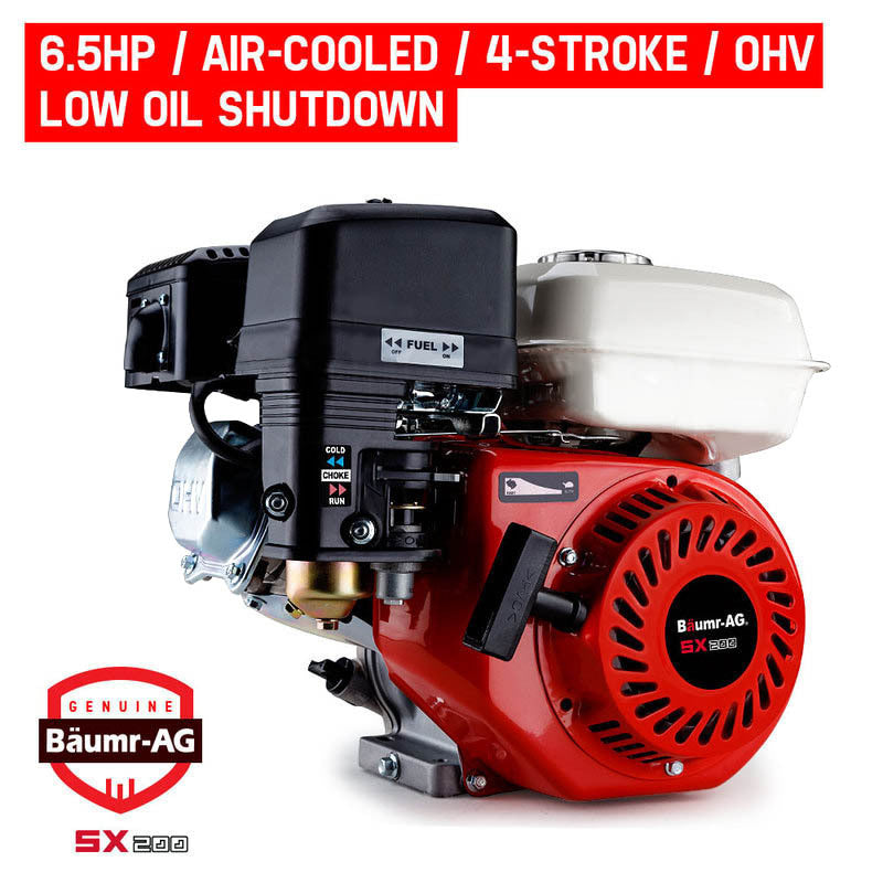 A red and white Baumr-AG 6.5HP Petrol Stationary Engine Motor 4-Stroke OHV Horizontal Shaft Recoil Start, known for its reliable consistent output. The engine features a black air filter, fuel valve, recoil starter, and various maintenance labels. Designed for use in outdoor power equipment, it is ideal for industrial, agricultural, and domestic usage.
