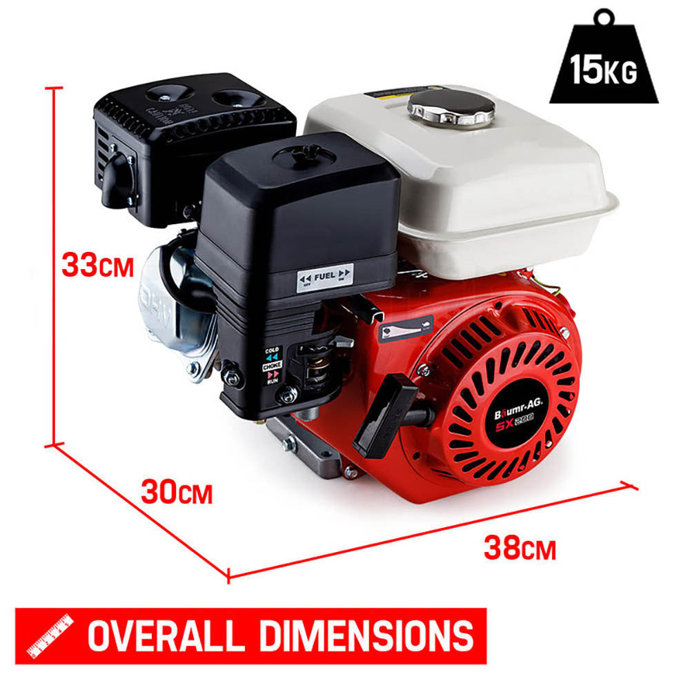 A red and white Baumr-AG 6.5HP Petrol Stationary Engine Motor 4-Stroke OHV Horizontal Shaft Recoil Start, known for its reliable consistent output. The engine features a black air filter, fuel valve, recoil starter, and various maintenance labels. Designed for use in outdoor power equipment, it is ideal for industrial, agricultural, and domestic usage.
