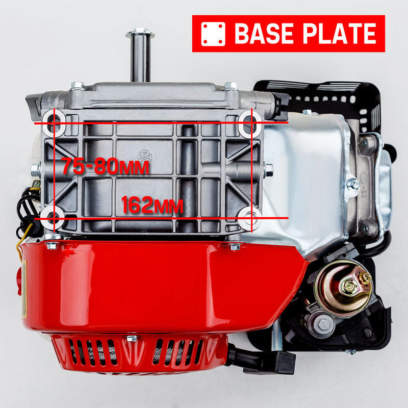 A red and white Baumr-AG 6.5HP Petrol Stationary Engine Motor 4-Stroke OHV Horizontal Shaft Recoil Start, known for its reliable consistent output. The engine features a black air filter, fuel valve, recoil starter, and various maintenance labels. Designed for use in outdoor power equipment, it is ideal for industrial, agricultural, and domestic usage.
