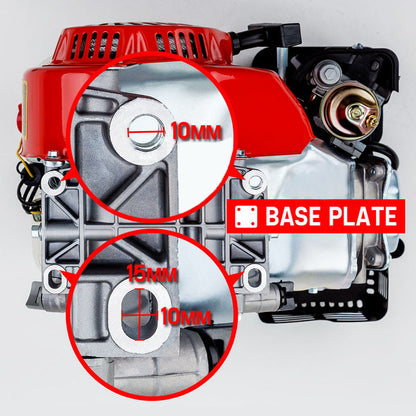 A red and white Baumr-AG 6.5HP Petrol Stationary Engine Motor 4-Stroke OHV Horizontal Shaft Recoil Start, known for its reliable consistent output. The engine features a black air filter, fuel valve, recoil starter, and various maintenance labels. Designed for use in outdoor power equipment, it is ideal for industrial, agricultural, and domestic usage.
