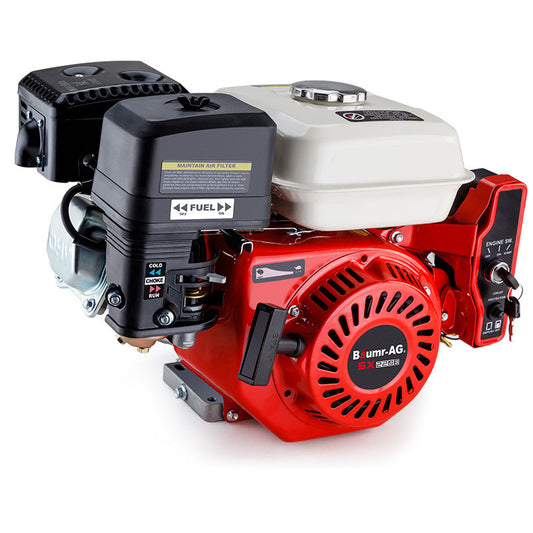 A red Baumr-AG 7HP Petrol Engine Stationary Motor OHV Horizontal Shaft Electric Start 4-stroke, ideal for industrial agricultural domestic usage, featuring a black recoil starter, white fuel tank, and multiple labeled components including a choke, fuel valve, and engine switch. Renowned for its reliable consistent output, the engine is displayed against a white background.