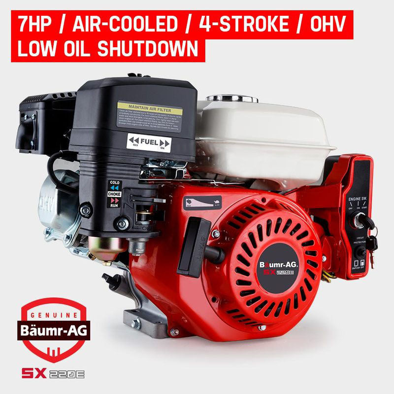 A red Baumr-AG 7HP Petrol Engine Stationary Motor OHV Horizontal Shaft Electric Start 4-stroke, ideal for industrial agricultural domestic usage, featuring a black recoil starter, white fuel tank, and multiple labeled components including a choke, fuel valve, and engine switch. Renowned for its reliable consistent output, the engine is displayed against a white background.