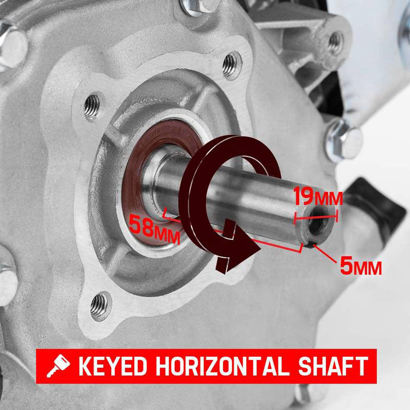 A red Baumr-AG 7HP Petrol Engine Stationary Motor OHV Horizontal Shaft Electric Start 4-stroke, ideal for industrial agricultural domestic usage, featuring a black recoil starter, white fuel tank, and multiple labeled components including a choke, fuel valve, and engine switch. Renowned for its reliable consistent output, the engine is displayed against a white background.