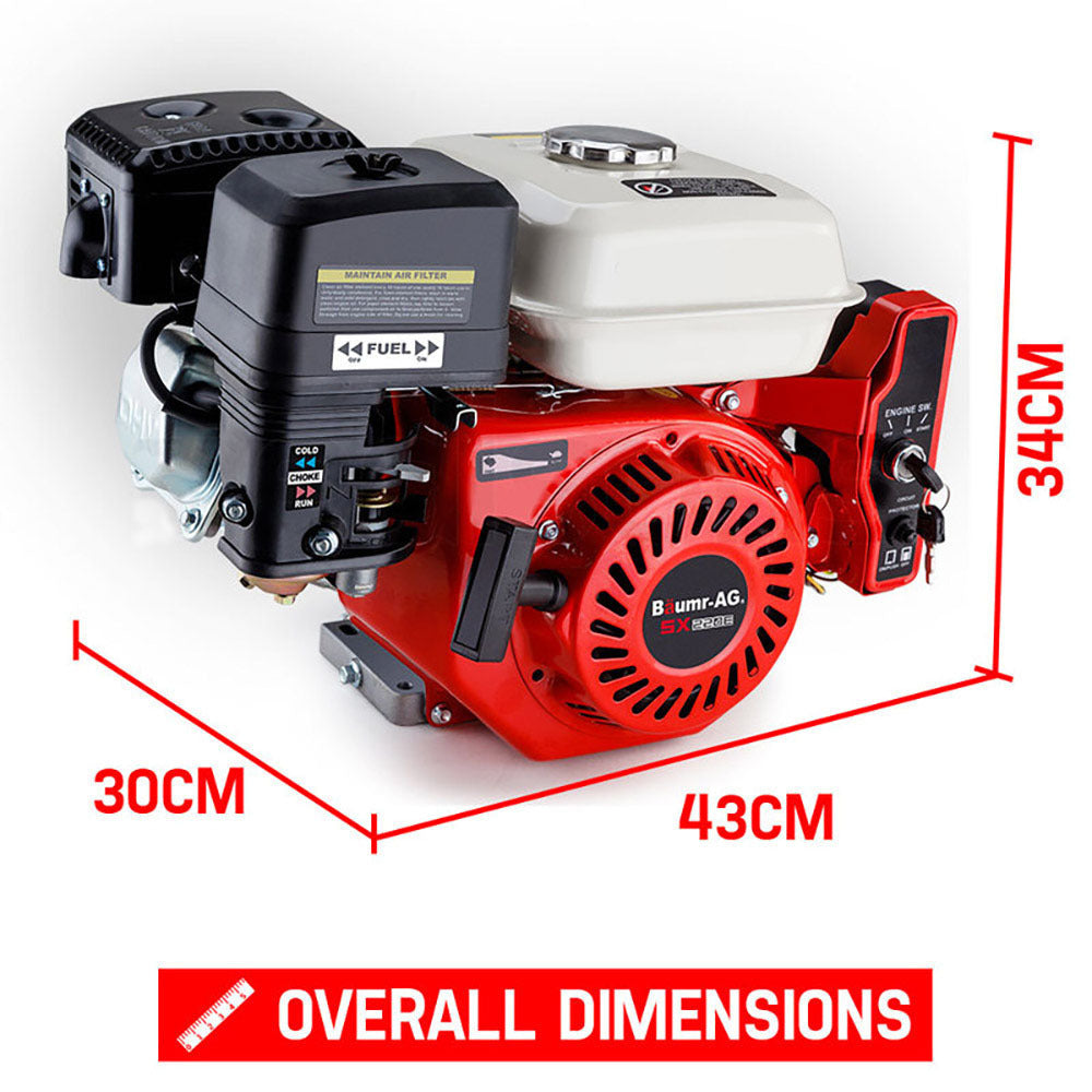 A red Baumr-AG 7HP Petrol Engine Stationary Motor OHV Horizontal Shaft Electric Start 4-stroke, ideal for industrial agricultural domestic usage, featuring a black recoil starter, white fuel tank, and multiple labeled components including a choke, fuel valve, and engine switch. Renowned for its reliable consistent output, the engine is displayed against a white background.