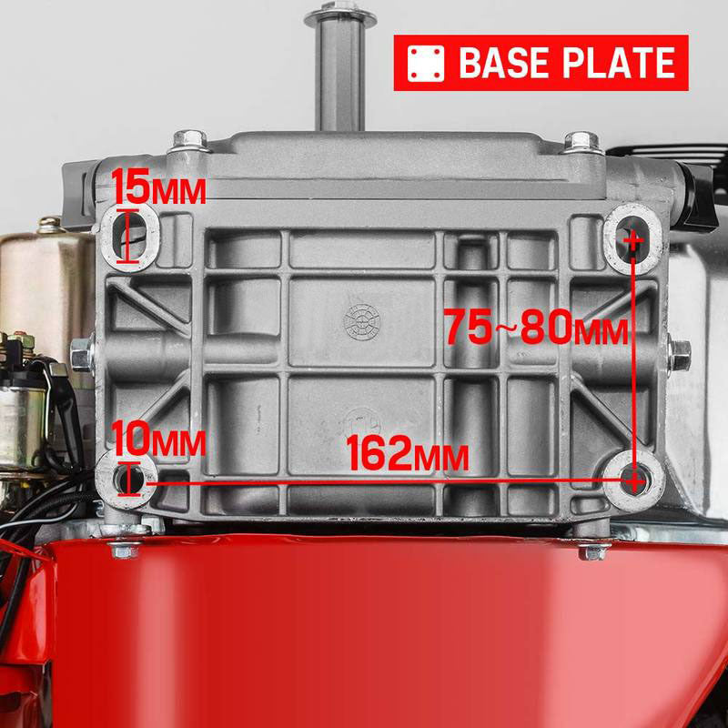 A red Baumr-AG 7HP Petrol Engine Stationary Motor OHV Horizontal Shaft Electric Start 4-stroke, ideal for industrial agricultural domestic usage, featuring a black recoil starter, white fuel tank, and multiple labeled components including a choke, fuel valve, and engine switch. Renowned for its reliable consistent output, the engine is displayed against a white background.