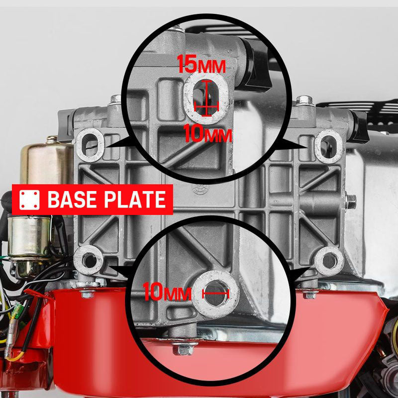 A red Baumr-AG 7HP Petrol Engine Stationary Motor OHV Horizontal Shaft Electric Start 4-stroke, ideal for industrial agricultural domestic usage, featuring a black recoil starter, white fuel tank, and multiple labeled components including a choke, fuel valve, and engine switch. Renowned for its reliable consistent output, the engine is displayed against a white background.