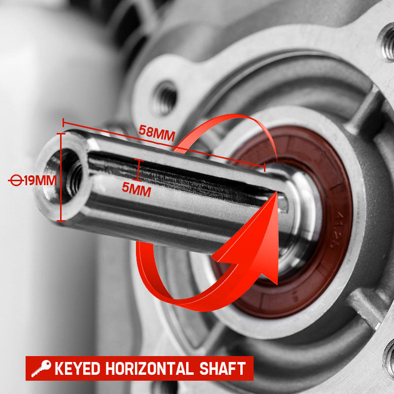 A close-up image of a small gas-powered engine, perfect for industrial agricultural domestic usage. The engine has a red base, black components, and a white fuel tank on top. There's text indicating the fuel level and maintenance instructions. The product name "Baumr-AG 7HP Petrol Stationary Engine OHV 4-Stroke Horizontal Shaft Replacement Motor" is visible on the lower part.