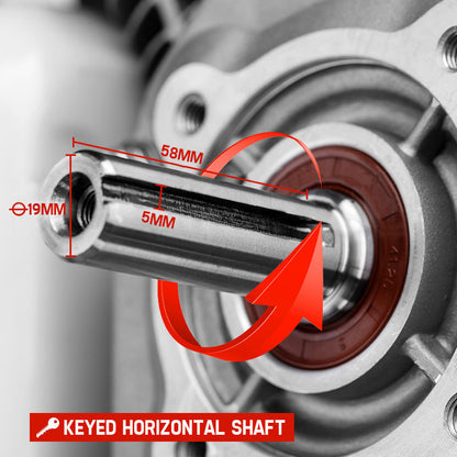 A close-up image of a small gas-powered engine, perfect for industrial agricultural domestic usage. The engine has a red base, black components, and a white fuel tank on top. There's text indicating the fuel level and maintenance instructions. The product name "Baumr-AG 7HP Petrol Stationary Engine OHV 4-Stroke Horizontal Shaft Replacement Motor" is visible on the lower part.