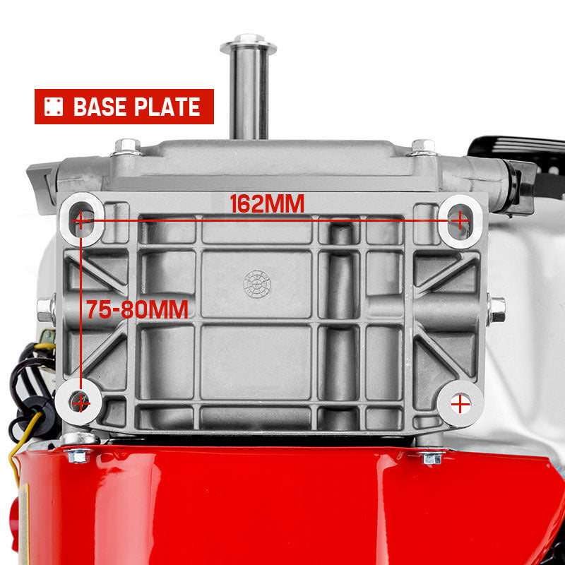 A close-up image of a small gas-powered engine, perfect for industrial agricultural domestic usage. The engine has a red base, black components, and a white fuel tank on top. There's text indicating the fuel level and maintenance instructions. The product name "Baumr-AG 7HP Petrol Stationary Engine OHV 4-Stroke Horizontal Shaft Replacement Motor" is visible on the lower part.