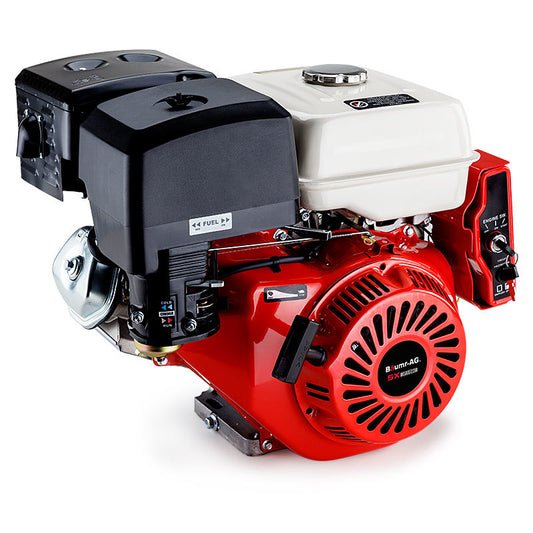 A compact internal combustion engine with a red and black exterior and several mounted components. The engine features a pull-start mechanism, fuel tank, and various control levers. This Baumr-AG 13HP Petrol Stationary Engine OHV 4 Stroke Horizontal Shaft Electric Start Motor boasts an industrial design suitable for machinery and equipment use.