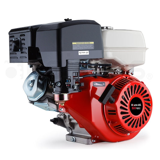 A small, portable gasoline engine with a black and white upper section and a red, ventilated lower cover. This Baumr-AG 16HP Petrol Engine OHV Stationary Motor 4-Stroke Horizontal Shaft Replacement features visible exhaust pipes and fuel tank, making it ideal for agricultural equipment and other machinery.