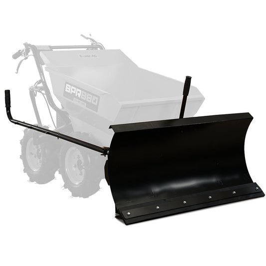 A heavy-duty black metal snow plow attachment mounted on a motorized wheelbarrow. The wheelbarrow is partially visible and shown in a light gray color to highlight the Baumr-AG Plough Blade Leveller Accessory, for BPR880 BPR890 Power Barrows, which has handles extending from the back for maneuvering and can also assist in levelling and shifting materials.