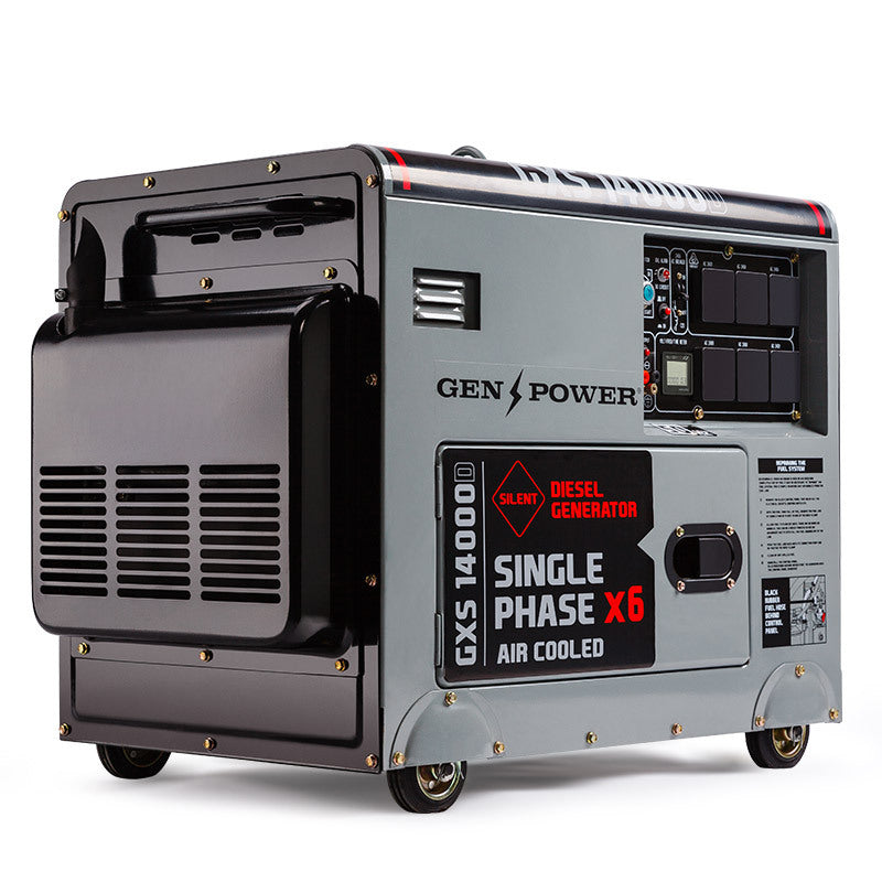 The portable diesel generator, Portable Diesel Generator GenPower 8.4kW Peak Single Phase Key Start 13HP Engine Commercial, is labeled "GXS 14000D AIR COOLED." The silver unit with black and red accents features control panels, vents, and handles. It also has small wheels for easy mobility, perfect for providing reliable backup power.