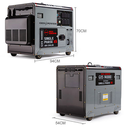 The portable diesel generator, Portable Diesel Generator GenPower 8.4kW Peak Single Phase Key Start 13HP Engine Commercial, is labeled "GXS 14000D AIR COOLED." The silver unit with black and red accents features control panels, vents, and handles. It also has small wheels for easy mobility, perfect for providing reliable backup power.