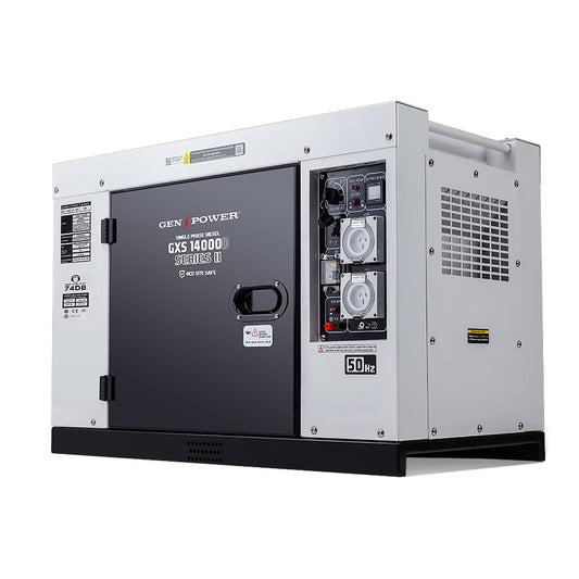 The Portable Diesel Generator GenPower 8.4kW Peak Single Phase Key Start 460cc Engine Commercial is a sleek white and black commercial power generator, ensuring reliable performance.