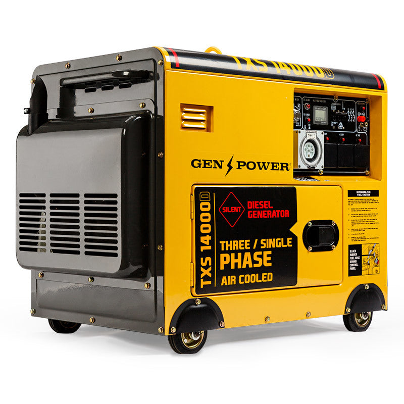 A yellow and black Portable Diesel Generator GenPower 7kW Peak Three Single Phase Key Start 13HP 420cc Engine with the model number TXS 14000D displayed on the front. This portable power supply offers three/single phase options, is air-cooled, and includes automatic voltage regulation. It also features various control panels and sockets on the side.