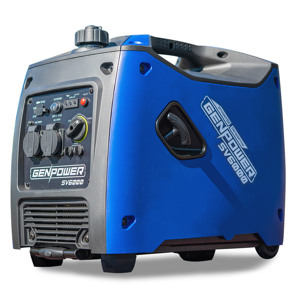 The GENPOWER Inverter Generator Portable 3.5kW Max Petrol Pure Sine Wave Camping Power Station Blue is a blue and black portable petrol inverter generator with pure sine wave technology. It features control knobs, switches, and power outlets on its front panel, along with a top handle for easy carrying and a modern, compact design.