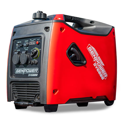 A red, portable petrol inverter generator labeled "GENPOWER Inverter Generator Portable 3.5kW Max Petrol Pure Sine Wave Camping Power Station Red" features control knobs, switches, and power outlets on the front panel. It has a sturdy handle on top for easy transportation.