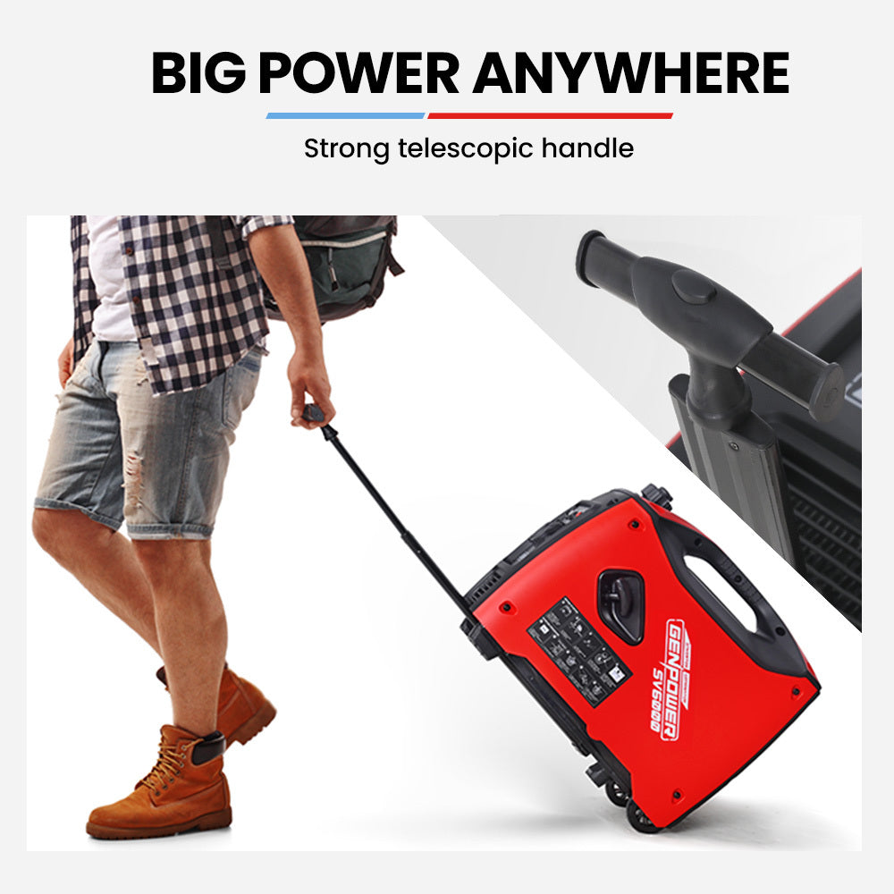 A red, portable petrol inverter generator labeled "GENPOWER Inverter Generator Portable 3.5kW Max Petrol Pure Sine Wave Camping Power Station Red" features control knobs, switches, and power outlets on the front panel. It has a sturdy handle on top for easy transportation.