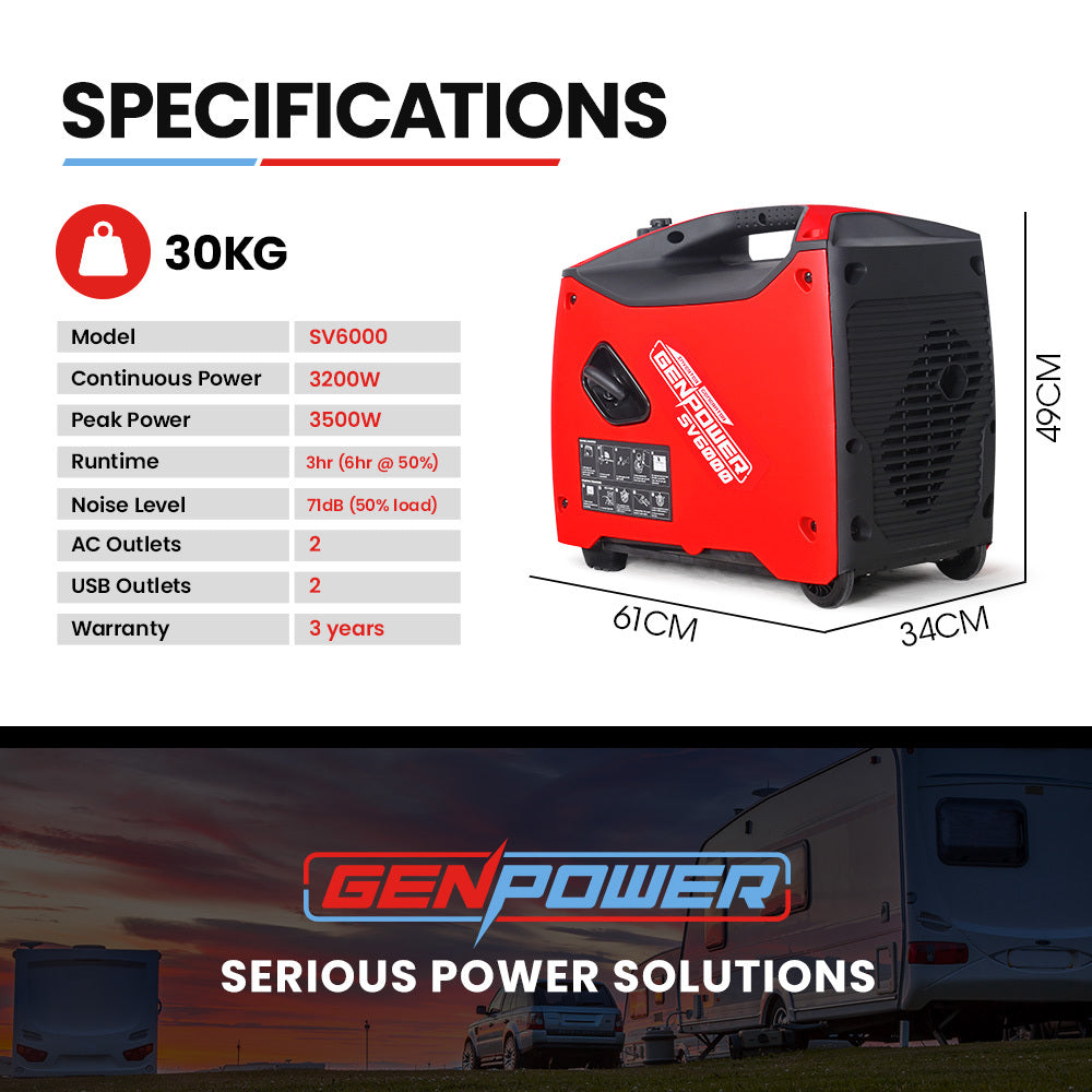 A red, portable petrol inverter generator labeled "GENPOWER Inverter Generator Portable 3.5kW Max Petrol Pure Sine Wave Camping Power Station Red" features control knobs, switches, and power outlets on the front panel. It has a sturdy handle on top for easy transportation.